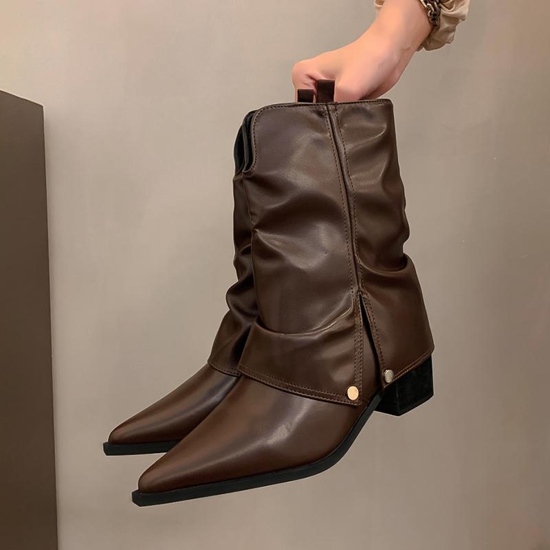 Сексуальные туфли на среднем каблуке с острым носком, женские ботильоны, тренд 2025 года, массивные модные туфли-лодочки для офиса, новые туфли для вечеринок в стиле панк-женщины