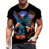 Men's 3D Eagle and Wolf Graphic T-Shirt - Vibrant Multi-Color Print, Casual Short Sleeve, Polyester, Machine Washable, PLUS SIZE