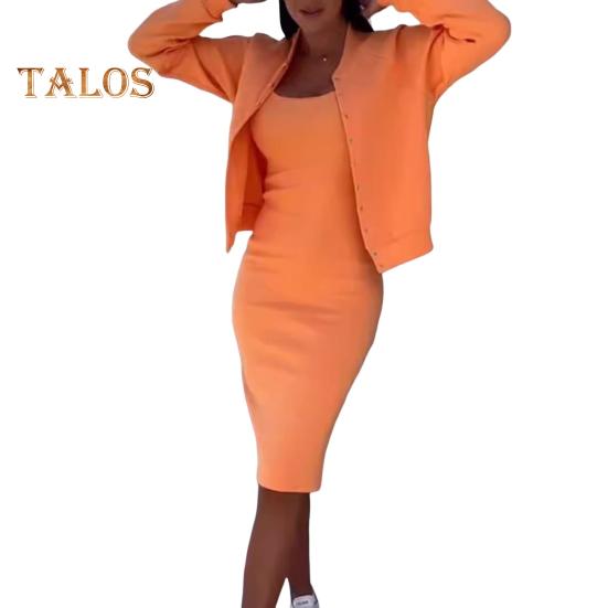 2 шт./комплект женский пальто платье комплект однобортный круглый вырез длинный рукав жакет облегающее платье-комбинация осеннее платье миди жакет комплект OL коммутационный офис