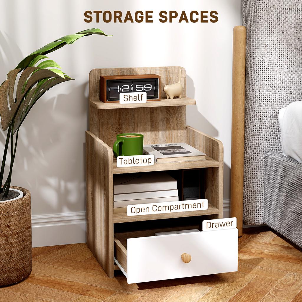Multi-Storage Bedside Table - White/Wood-Effect