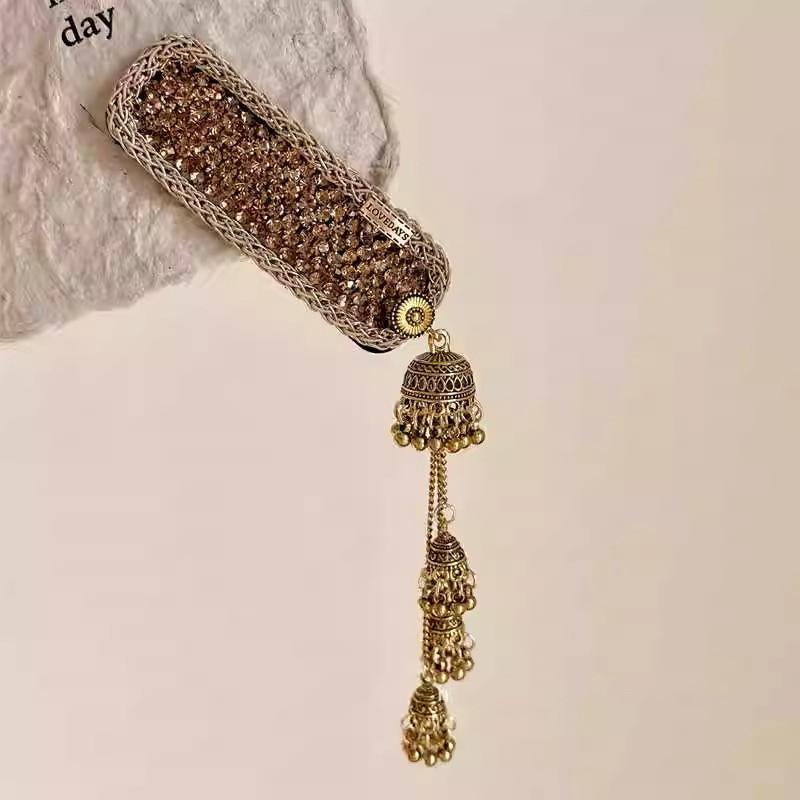 Blue Gem Healing Rhinestone Pearl Ethnic Tassel Hair Clip for Women