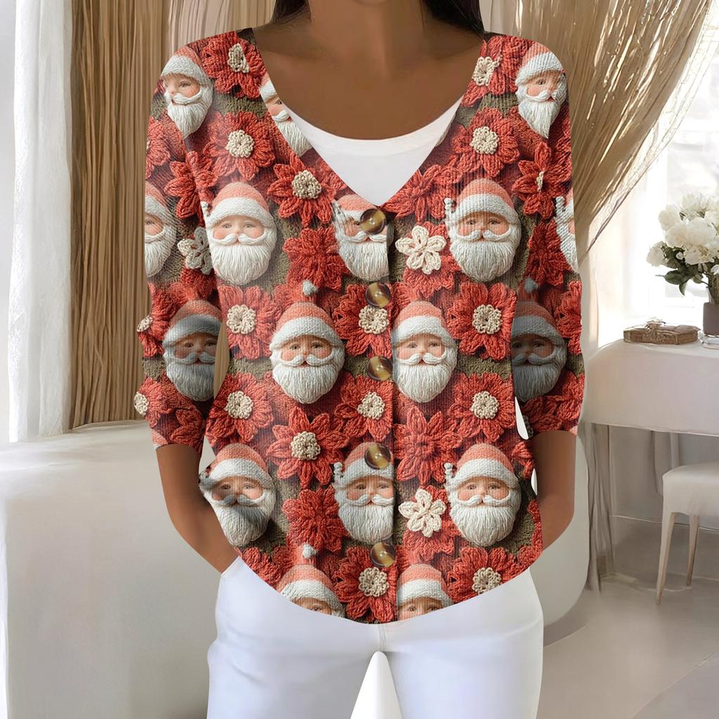 Women's Fashion Long Sleeve Christmas Snowman Snowflake Print Jacket Cardigan