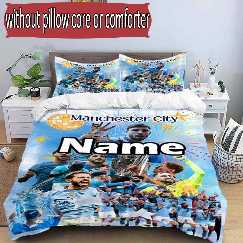 3pcs Duvet Cover Set (1*Duvet Cover + 2*Pillowcase, Without Core), Custom Name Manchester City FC Pattern Bedding Set, Home Bedroom Decor Gift