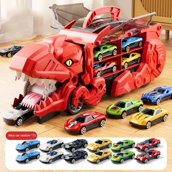 1 Set Kids Dinosaur Carrier Truck Toy with 12 Alloy Die-Cast Cars