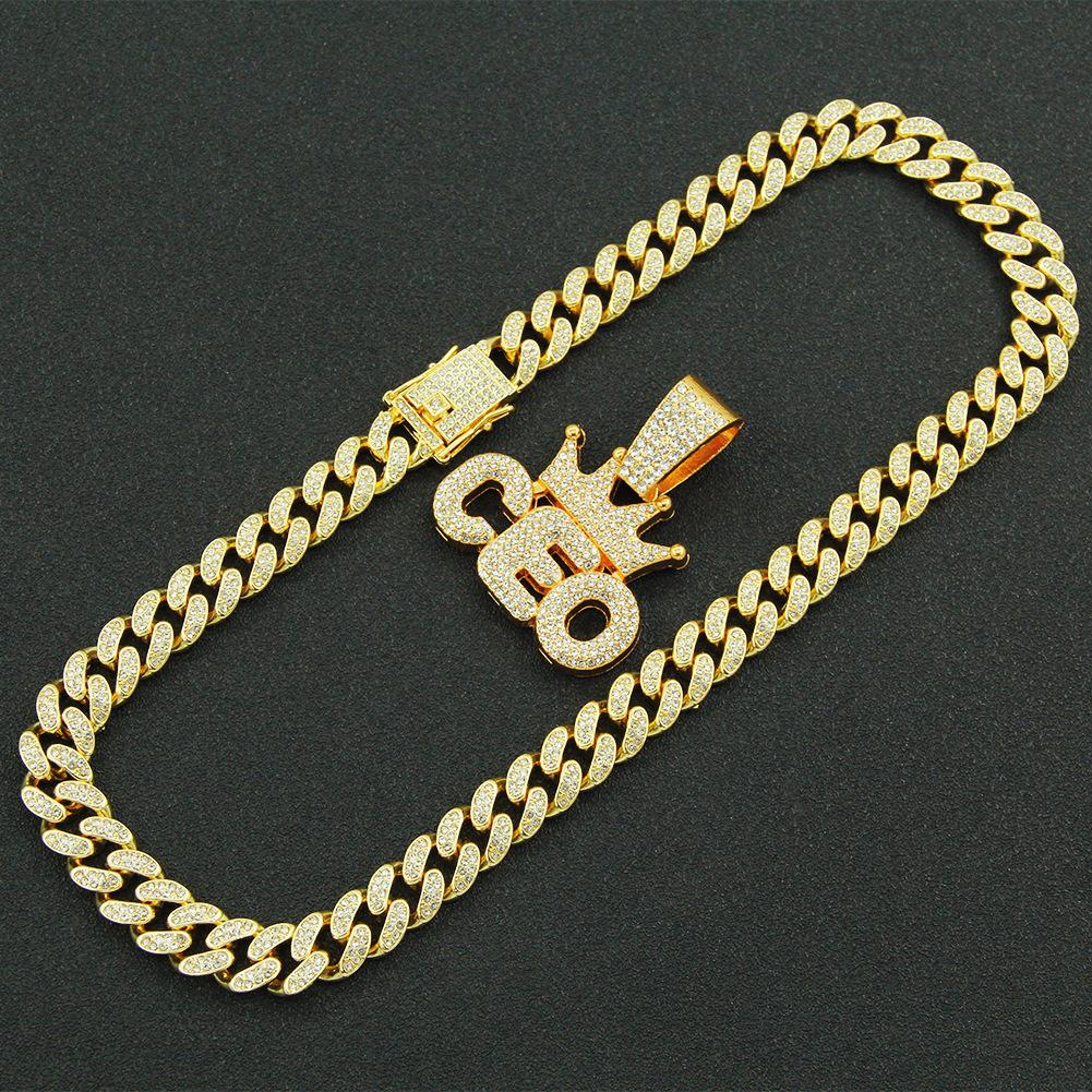 European Hip Hop Full Diamond Crown CEO Letter Pendant Cuban Necklace Hipster Men Hip Hop Street Nightclub Accessories