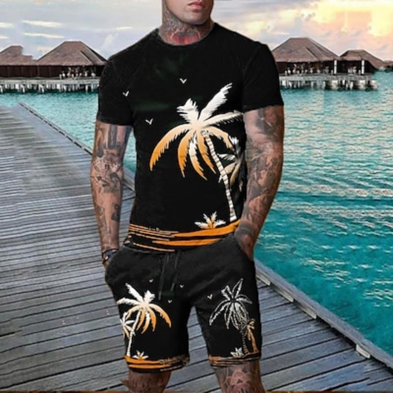 Мужская графика Coconut Tree 2 шт. футболка комплект шорты и одежда с коротким рукавом гавайский дизайнер повседневный дизайнерский повседневный отдых на природе повседневный 3D