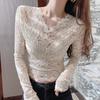 V-neck Lace Undershirt Women's Long Sleeved Low Neck Chiffon Jacket Black Short Mesh Top