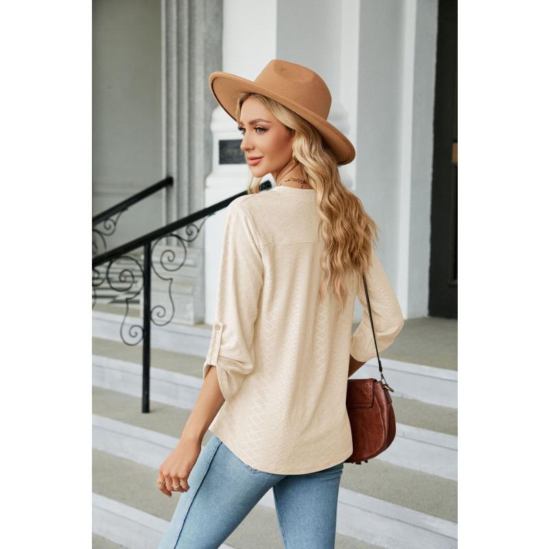 YYFS Женские модные повседневные летние весенние однотонные блузки и рубашки с рукавами 3/4 и v-образным вырезом с принтом