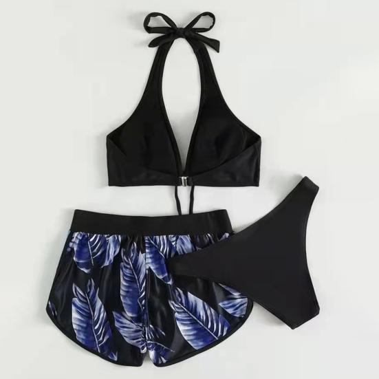 3 шт./компл. разделенное бикини с принтом листьев и бантом, трехсекционный тонкий купальник с открытой спиной для плавания