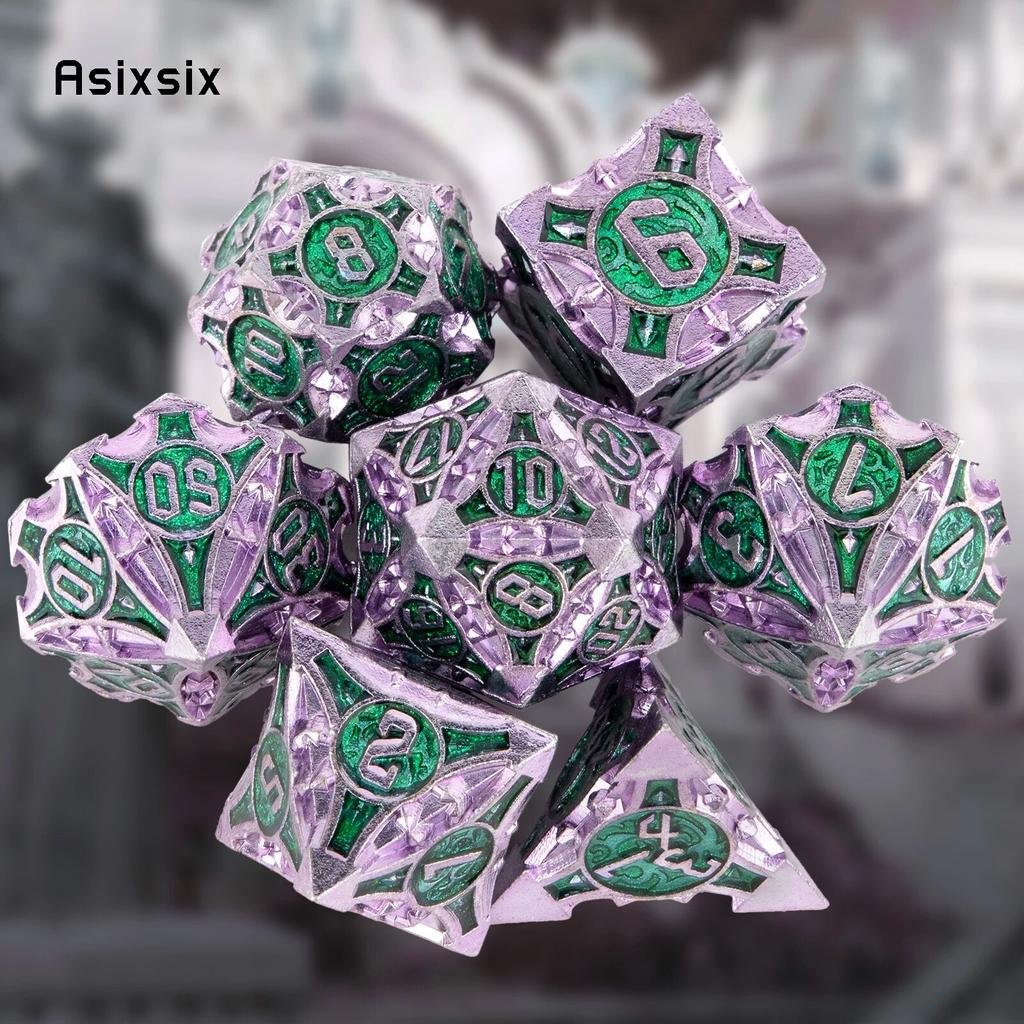 7 шт. фиолетовые, зеленые металлические кубики, набор твердых металлических многогранных кубиков, подходящий для ролевой ролевой игры, настольной игры, карточной игры