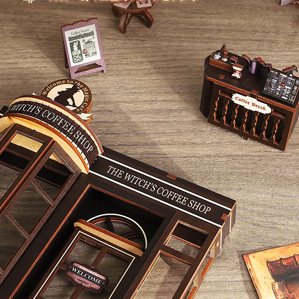 QmXCyzl Wooden DIY Dollhouse Kit with Miniature 3D Bookstand and Holiday Gift Building Scenario (Magic Coffee)