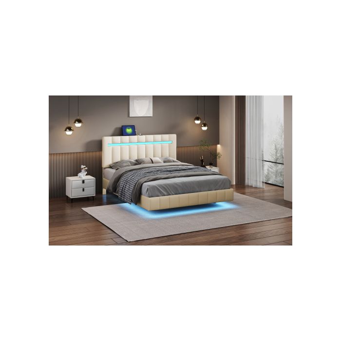 Lit - MUVOE - 140x200cm - Rembourré - LED - Design moderne avec pieds cachés