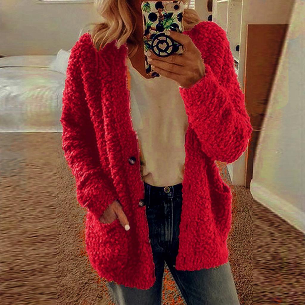 Женская осенне-зимняя плюшевая однобортная куртка с капюшоном и карманами с v-образным вырезом