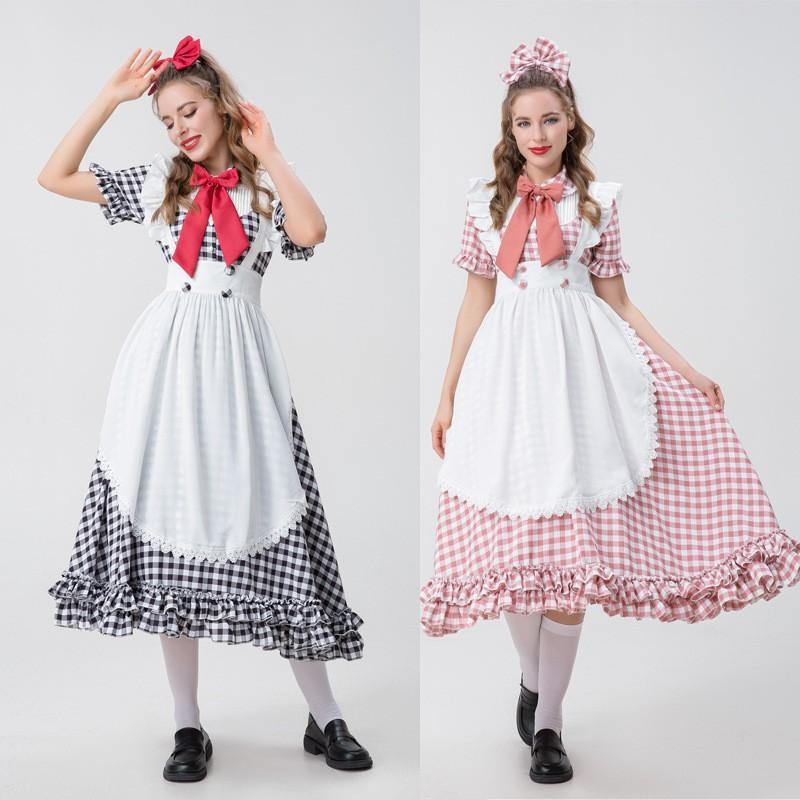 Anime-Inspired Halloween Farm Costume Dress Red White Gingham Lace Cosplay Maid Outfit Women