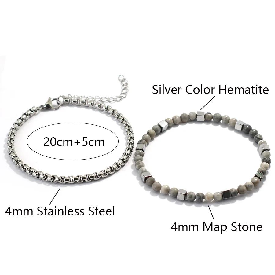 Fashion 2Pcs/Set Cuban Chain Bracelet With Stainless Steel 4mm Tiger Eyes Malachite Stone Strand Braslet Hiphop Rock Accessories