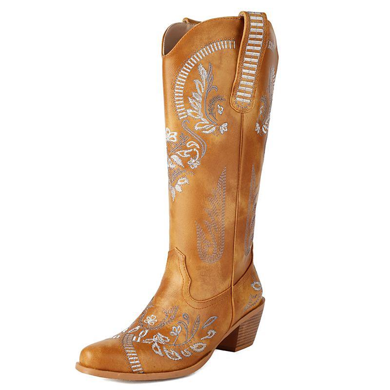 Мода 2025 Новые Женские Западные Сапоги Квадратный Носок Блочный Каблук 5,5 см На Слипонах Вышивка Большой Размер 43 Повседневные Сапоги до Колена