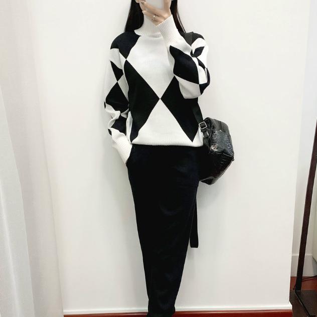 Geomatric женские свитера костюмы комплекты осень-зима толстые мягкие трикотажные комплекты пуловеры длинные брюки повседневный спортивный костюм из 2 предметов