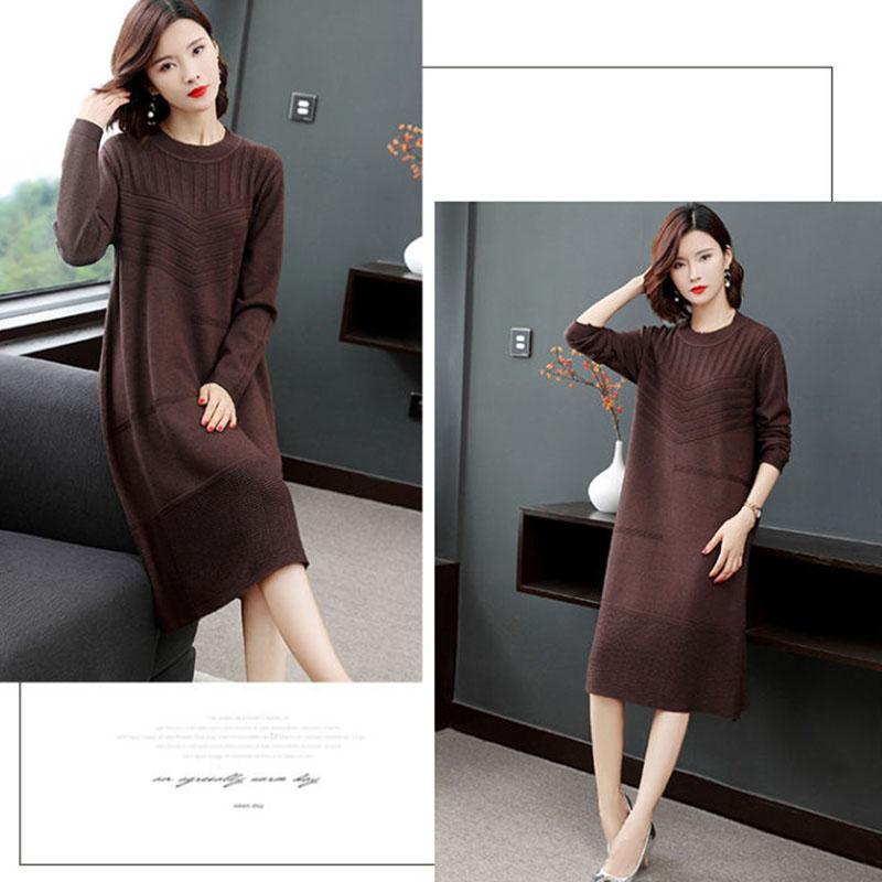 Large Size Knitted Dress In The Long Section Was Thin Temperament Base Dress Pure Color Simple Middle-aged Women Sweater Dress