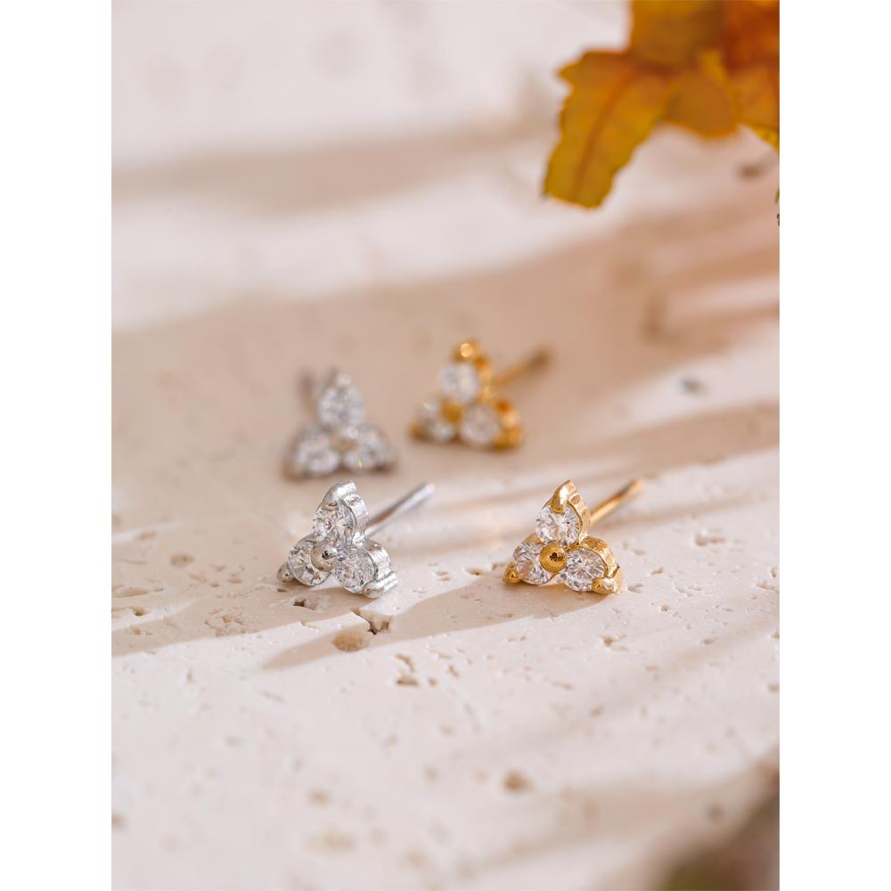 Yhpup Delicate Bling Cubic Zirconia Flower Small Daily Stud Earrings for Women Stainless Steel Versatile Exquisite Jewelry