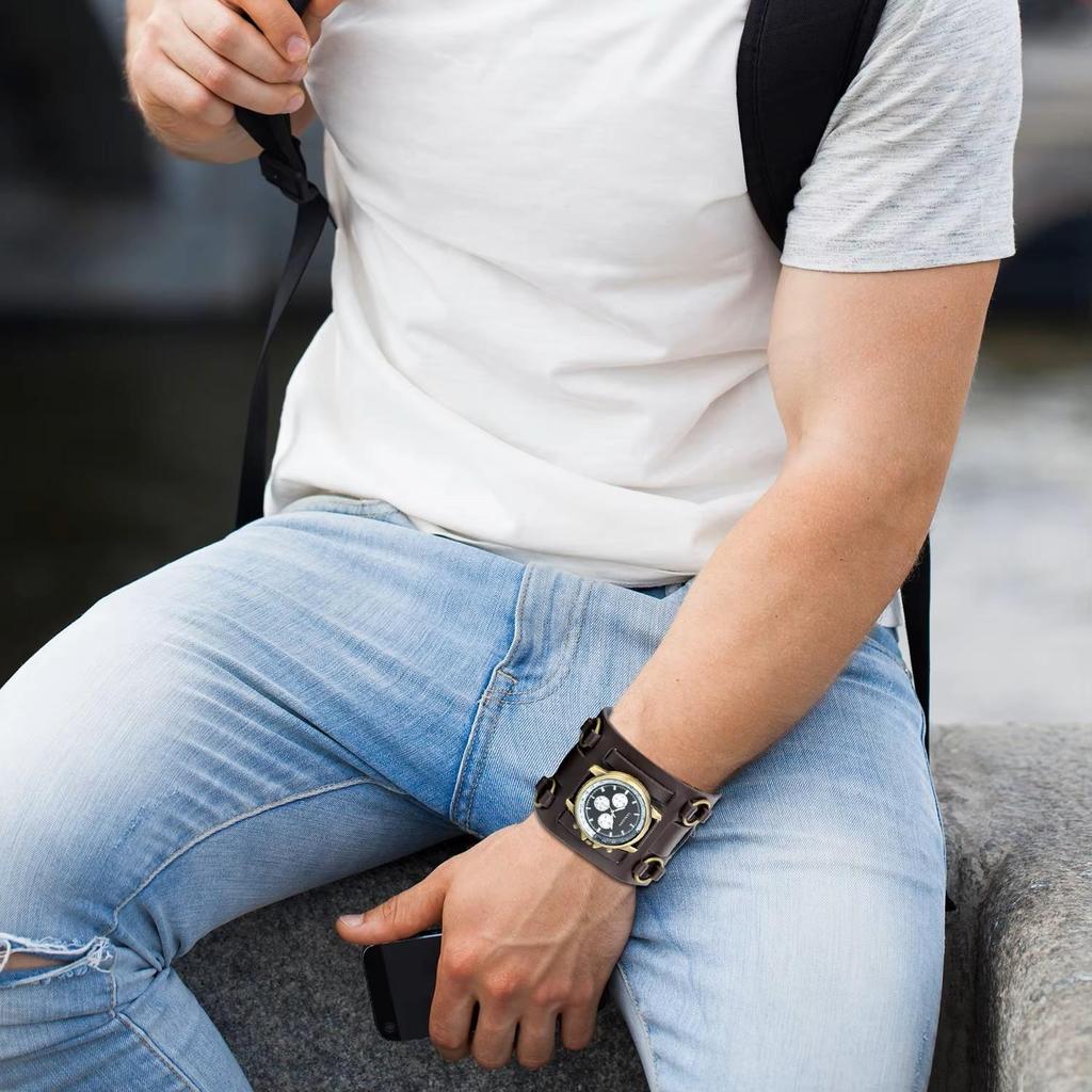 Мужские панк-рок готические винтажные ретро часы с широким ремешком, мужские часы, кожаный браслет, кварцевые, военные мужские наручные часы