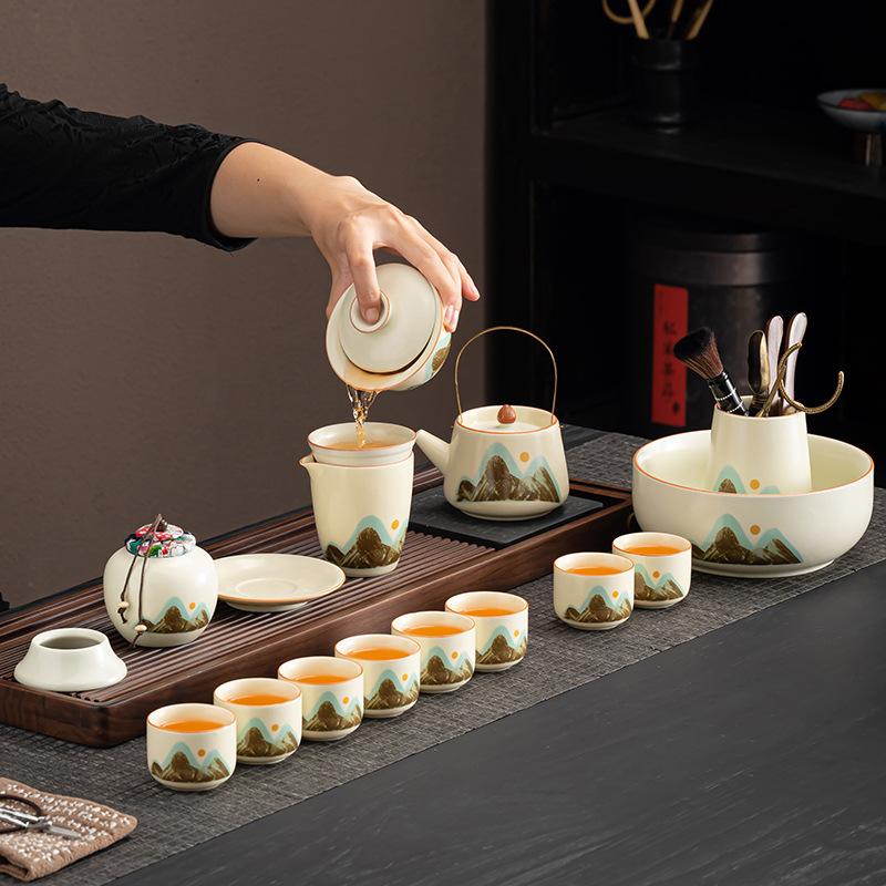 Ru Kiln Qingshan Kung Fu Tea Set Light Luxury Teapot Household Set Ceramic Retro High-end Tea Cup Complete Set