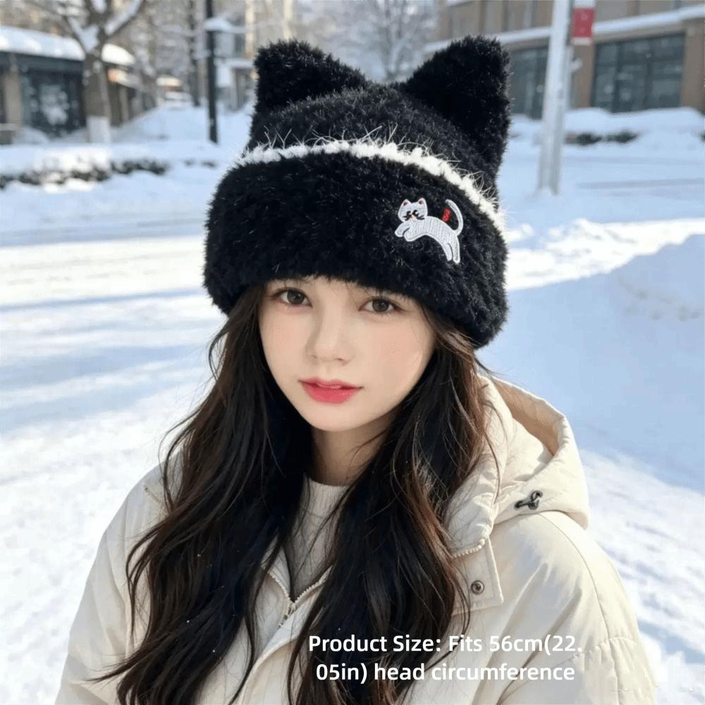 Cold Proof Plush Knit Hat Warm Cat Ear Hat Soft Fall Winter Skull Cap For Women