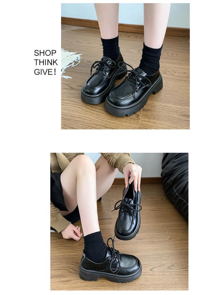 Женские кожаные мокасины в британском стиле на толстой подошве: Весна/Осень, круглый носок, шнуровка, в японском стиле JK, универсальный толстый каблук