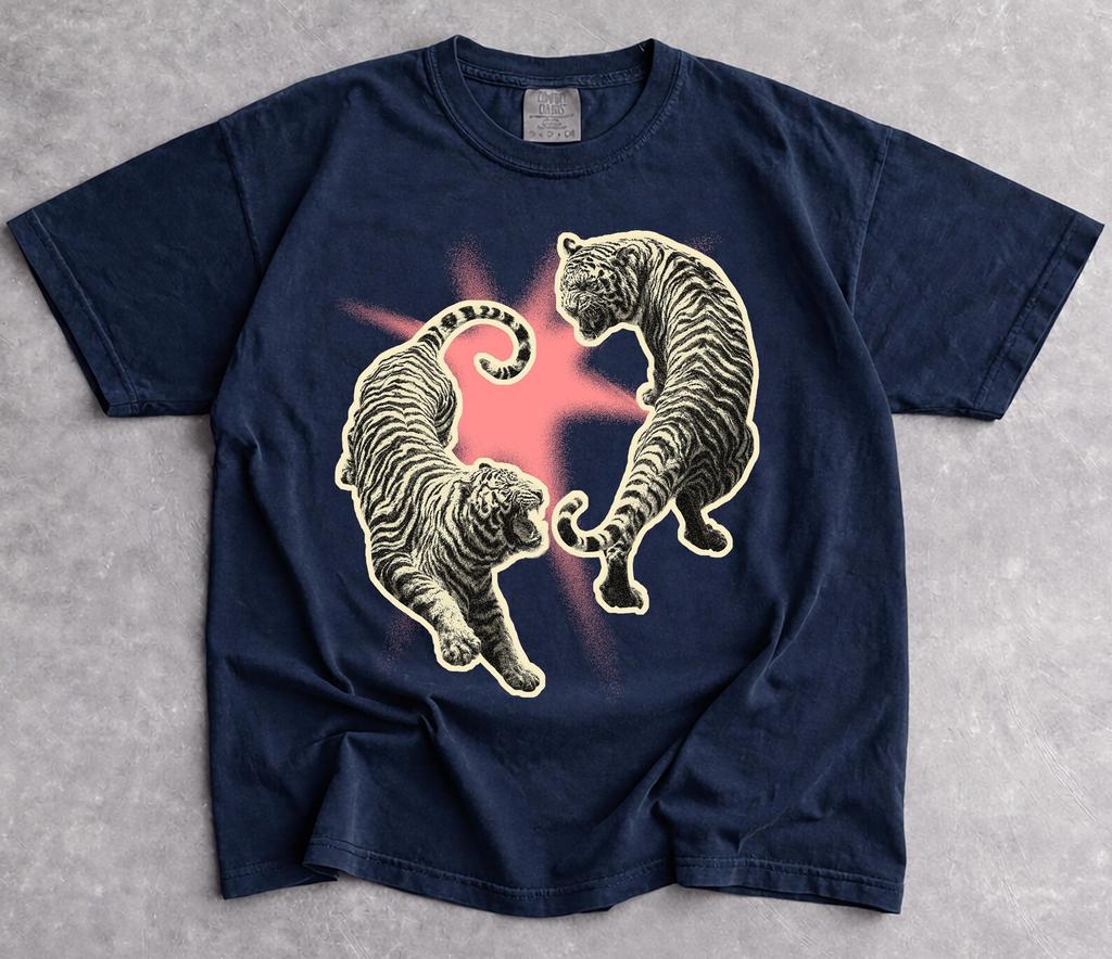 Japanese Fighting Tigers T-Shirt, Retro Wild Cat Graphic Tee, Unisex Comfort Colors Top