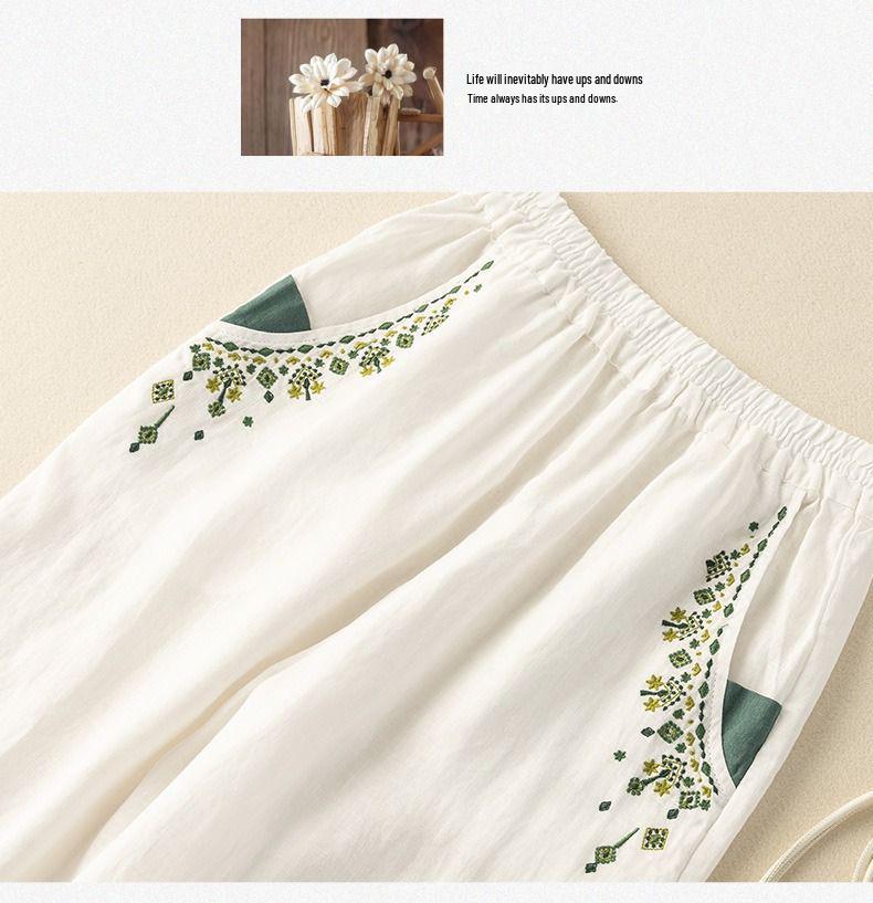 Женские ретро вышитые хлопково-льняные брюки-морковки: 2024 Свободный стиль гарема для весны, лета и осени