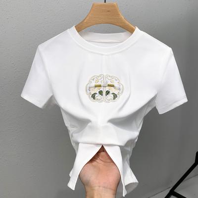 Футболка с короткими рукавами для женщин, новая летняя женская одежда, однотонная футболка с воротником-стойкой, новая китайская вышитая футболка с разрезом на талии