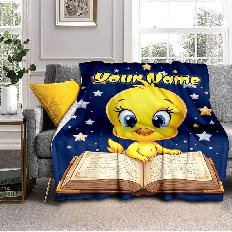 1PC Custom Name Tweety Bird Adventure flannel blanket versatile,all-season throw suitable for the living room,bedroom,camping,travel,and gift