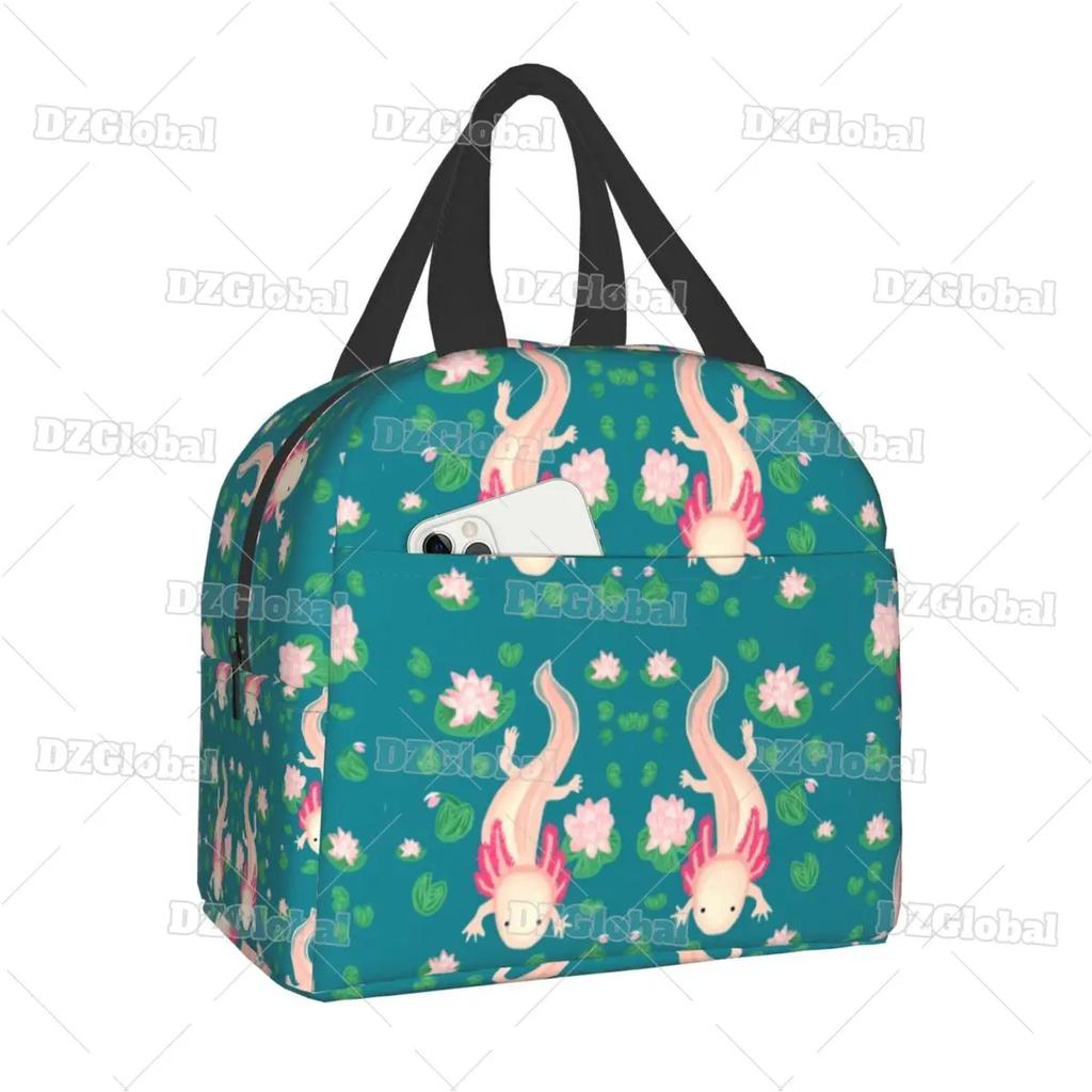 Милая сумка для ланча с аксолотлем, с термоизоляцией, для школы, офиса, с мультяшной саламандрой, животным, портативная, термокулер, для бенто-бокса, для женщин, детей