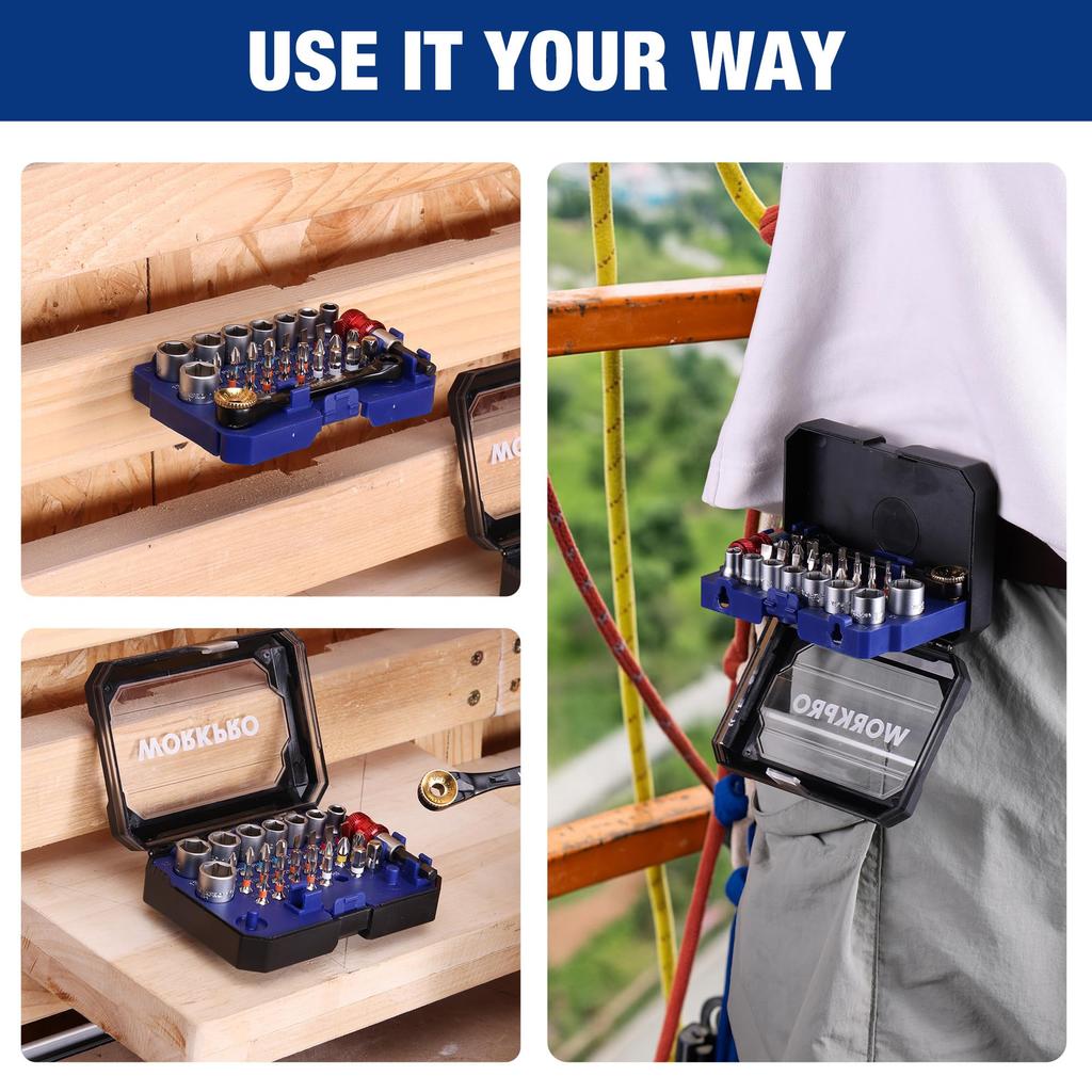 WORKPRO Трещоточный гаечный ключ Набор бит-отверток Мини-трещотка Трещотка Удлинитель Трещоточный Хранение бит и Пряжка-табурет для и Автомобильный Набор из 34 предметов, Набор, Набор, 6,35 мм