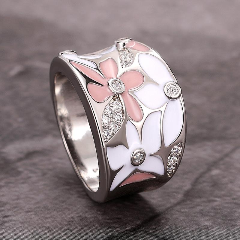 Huitan Aesthetic Enamel Flower Finger Ring for Women Wedding Party New Ring Color Luxury Cubic Zirconia Jewelry Gift