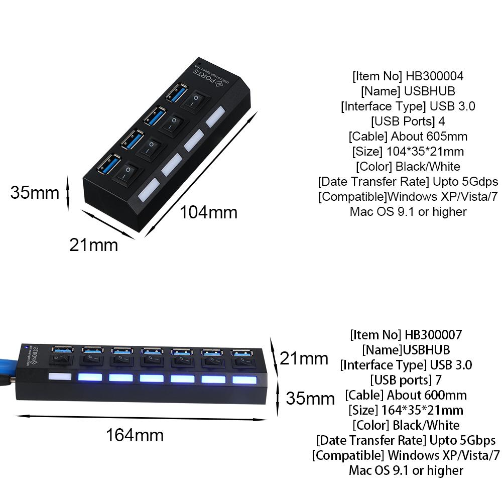 Plug Splitter Converter on/Off Switches 5Gbps High Speed 4/7 Port USB 3.0 Hub AC Power Adapter