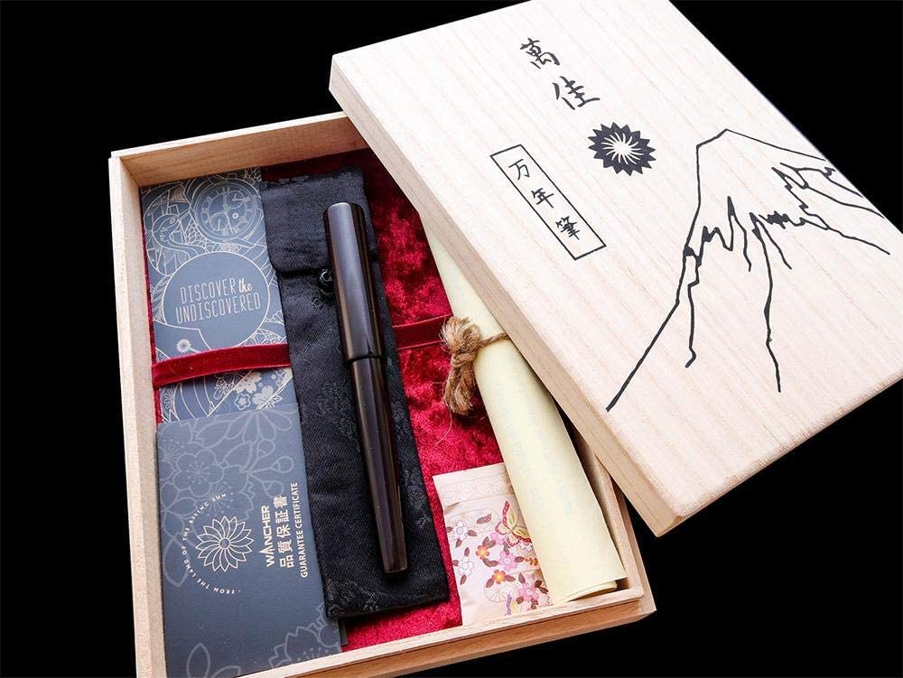 WANCHER Fountain Pen World Fountain Pen Aizu Lacquer Ebony Ebony Natural Wood Japanese Traditional Craft Lacquered Fountain Pen (M Medium)