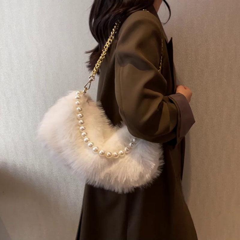 Autumn Winter Cute Plush Bag New Women's Popular Pearl Chains Crossbody Solid Color Fashion Single Shoulder Fur Pack Korean