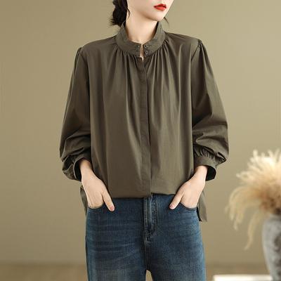 Весенняя литература свободная однотонная рубашка с воротником-стойкой и рукавами-фонариками с длинными рукавами женская рубашка верх блузки и рубашки
