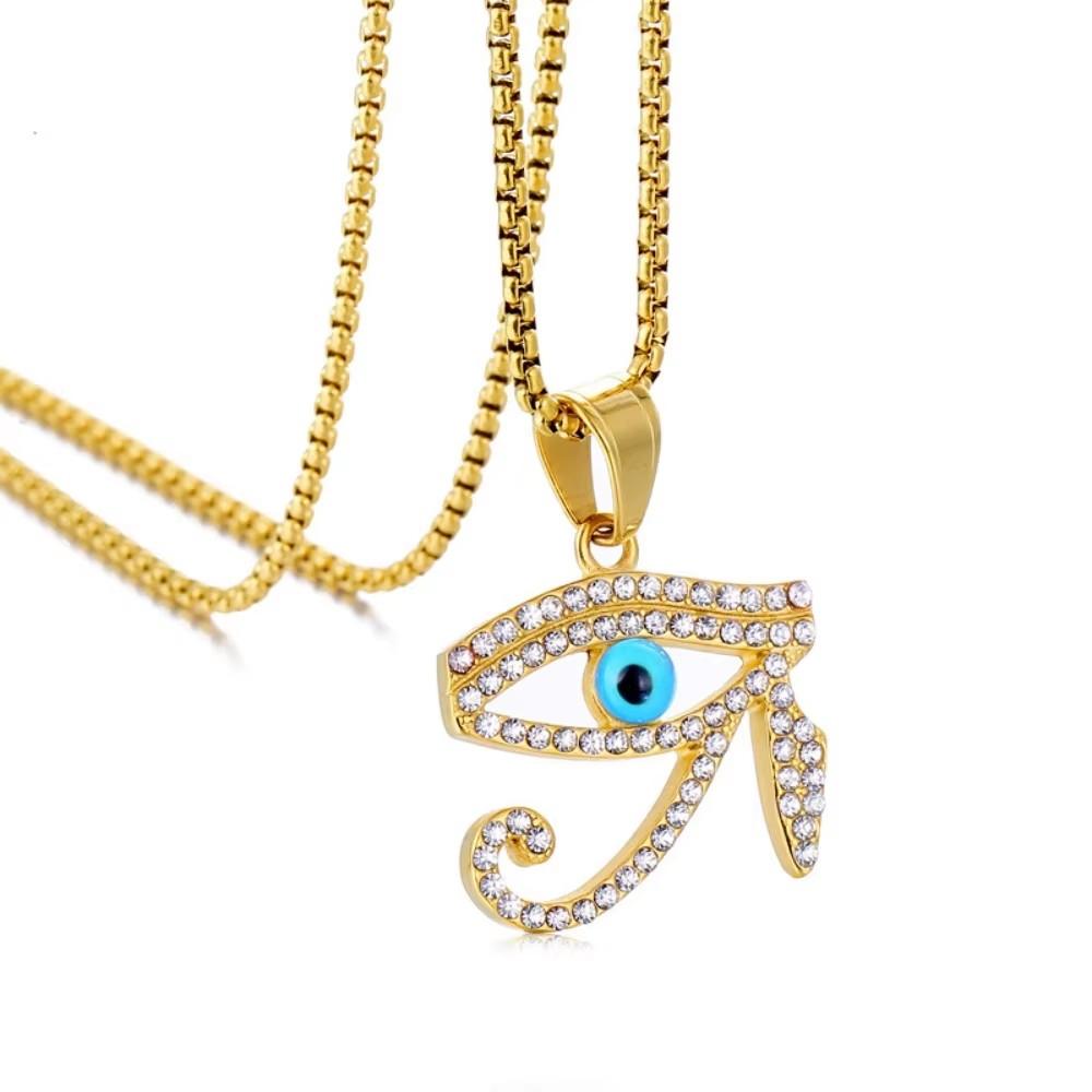 Egyptian Iced Out Bling Eye Of Horus Pendant Gold Color Stainless Steel Amulet Charm Necklace for Men Ancient Egypt Jewelry Gift