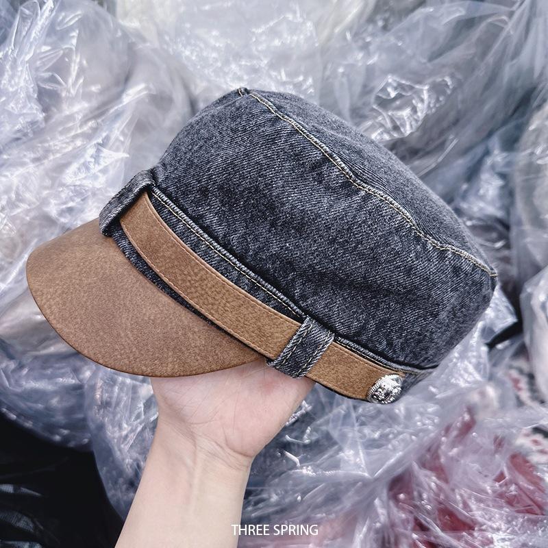 Autumn and winter new washed leather denim newsboy hat women's big head circumference showing face little knight hat