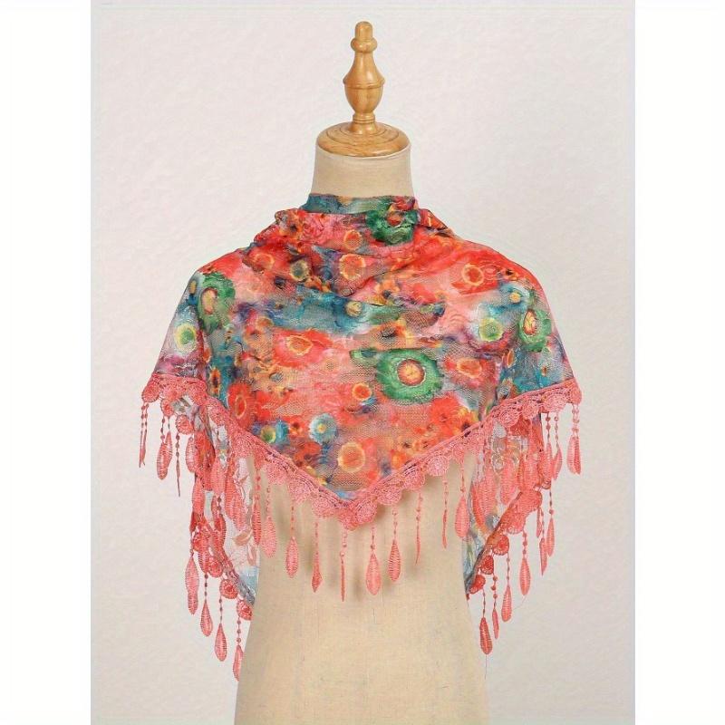 1pc Fashionable Colorful Rose Floral Print Lace Tassel Shawl Scarf, Suitable For Everyday Wear