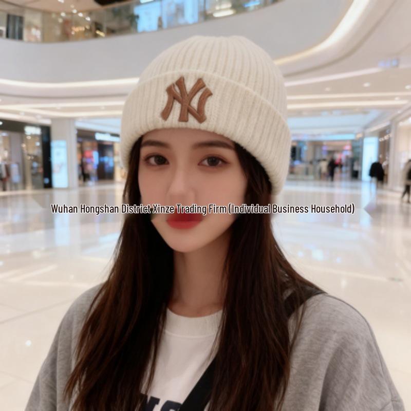 Корейская шерстяная унисекс вязаная шапка бини MLB - Вышивка логотипа NY, Теплая для осени и зимы, Стиль M0726