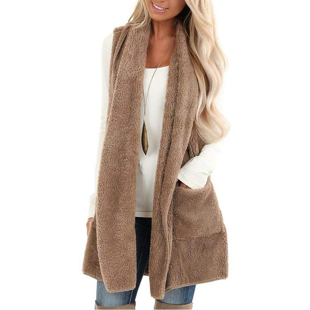 Женское модное однотонное повседневное пальто из плюшевого жилета с карманами
