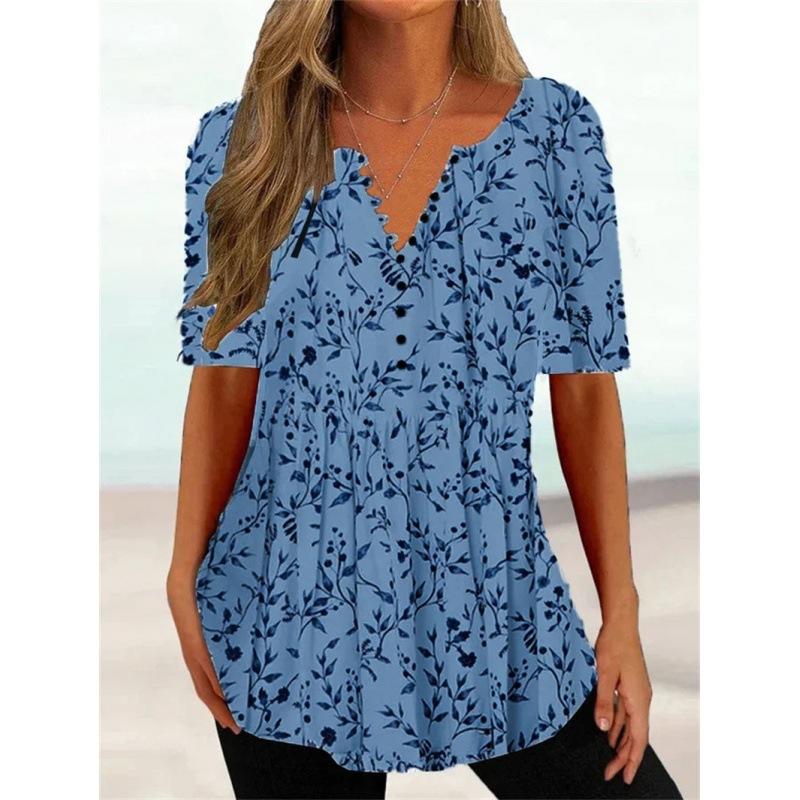 Trendy And Cool Women's Summer Loose V-neck Pullover Short-sleeved Button Printed T-shirt