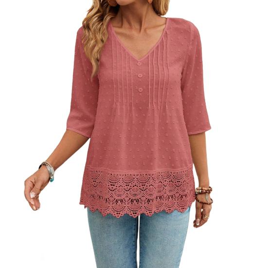 Женская рубашка с V-образным вырезом, рукавом 3/4, повседневная, с кружевной вставкой на подоле, жаккардовым декором, однотонная, дышащая