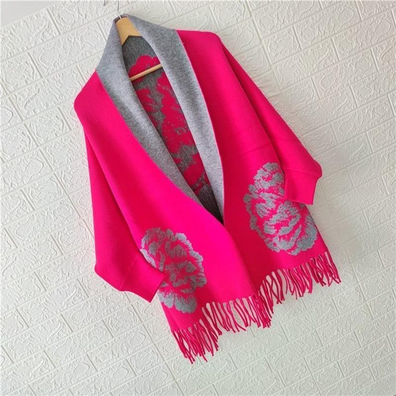 Женское пончо 2022, осенне-зимний шарф из искусственного кашемира с пионом и бахромой, двусторонняя теплая накидка с длинными рукавами, женский топ