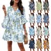 Women's Vintage Printed V-Neck Half Sleeve Corseted Temperament Casual Dress (Belt Included)