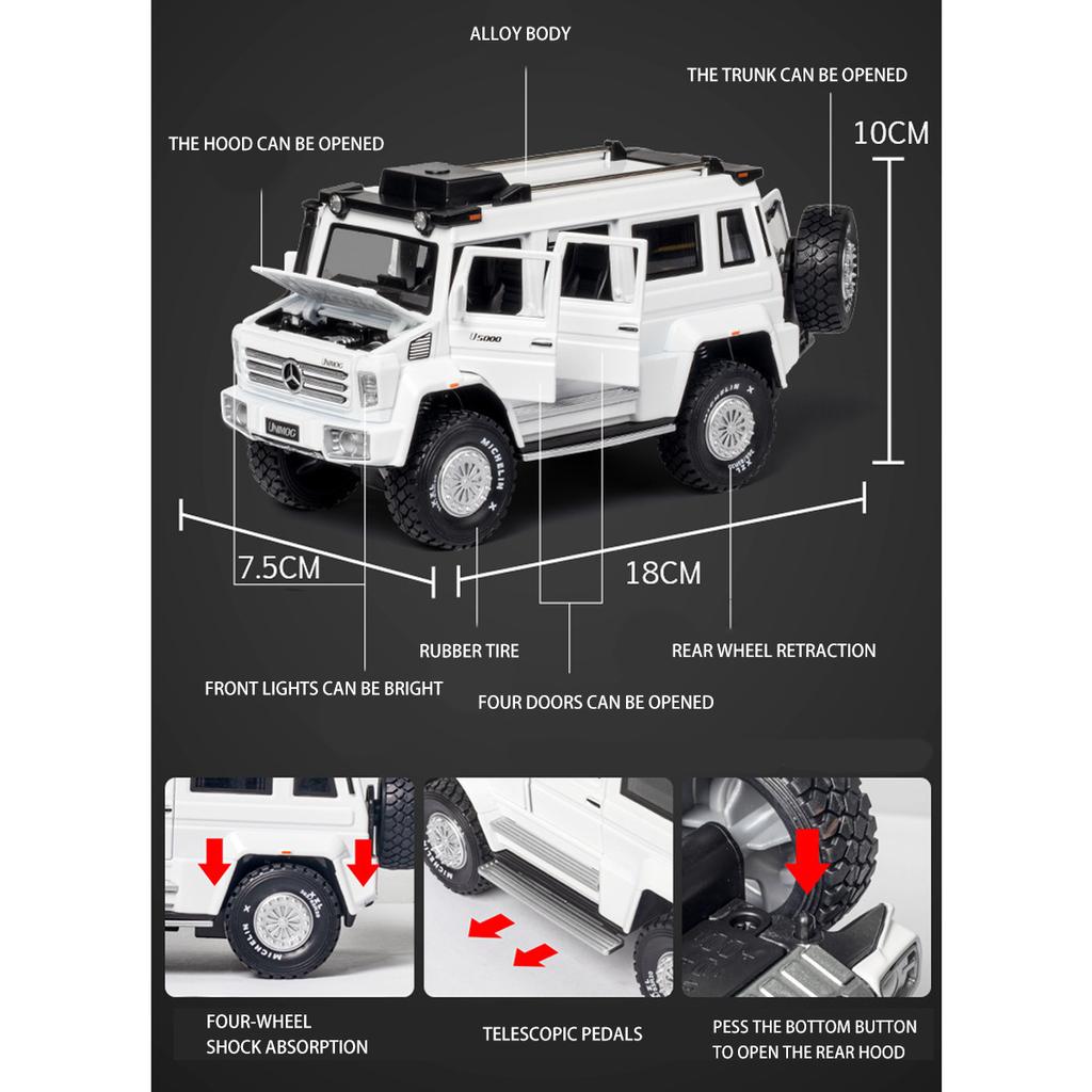 Масштаб 1/28 Unimog U5000, литая под давлением модель автомобиля, игрушечный автомобиль с откатным механизмом, звуком и светом для детей, коллекция подарков для мальчиков и девочек