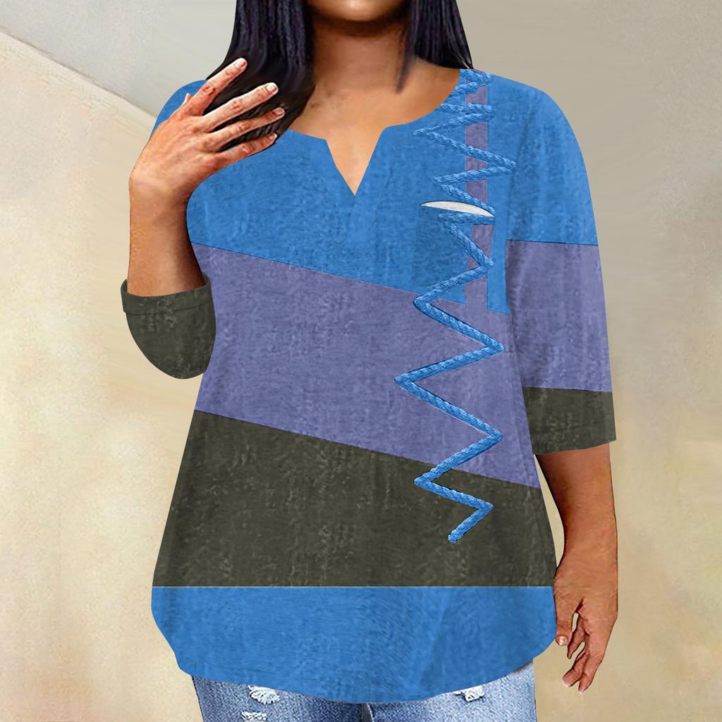 Женский модный повседневный пуловер с рукавами три четверти и V-образным вырезом с принтом, топ с рукавами 4/3