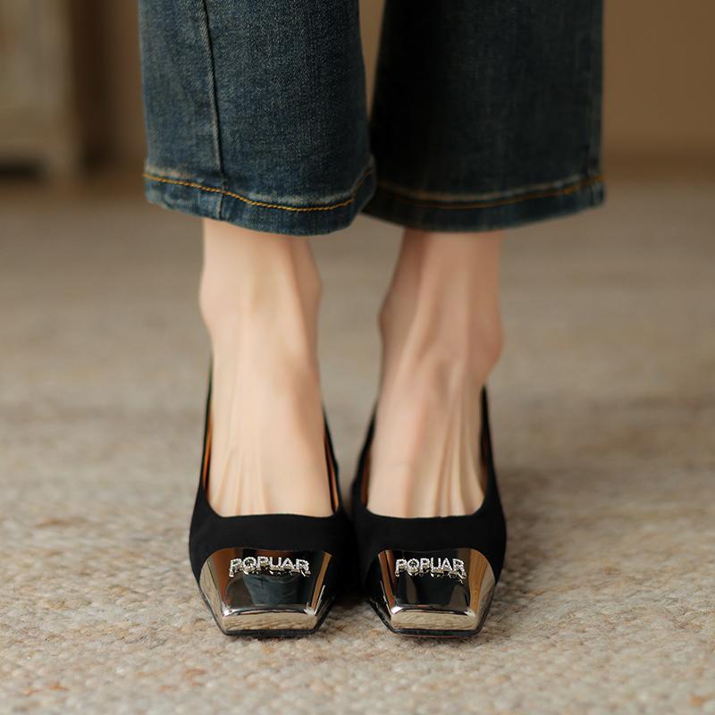 Shallow mouth single shoe women 2026 spring and autumn high-end metal square toe fashion shoes versatile and comfortable low heel commuting shoes